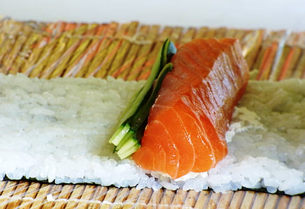 eating, sushi, food, health, rice, sesame, salmon