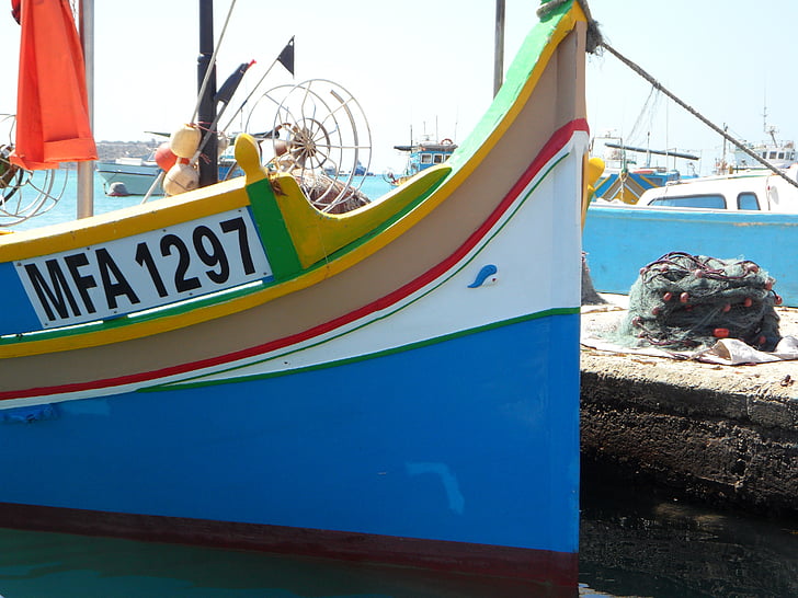 Marsaxlokk, hamn, Yuna, luzzu, Malta, färgglada, pittoreska
