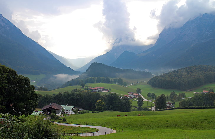 maastik, Ülem-Baieri, Ramsau, mäed, taevas, pilved, lainurk