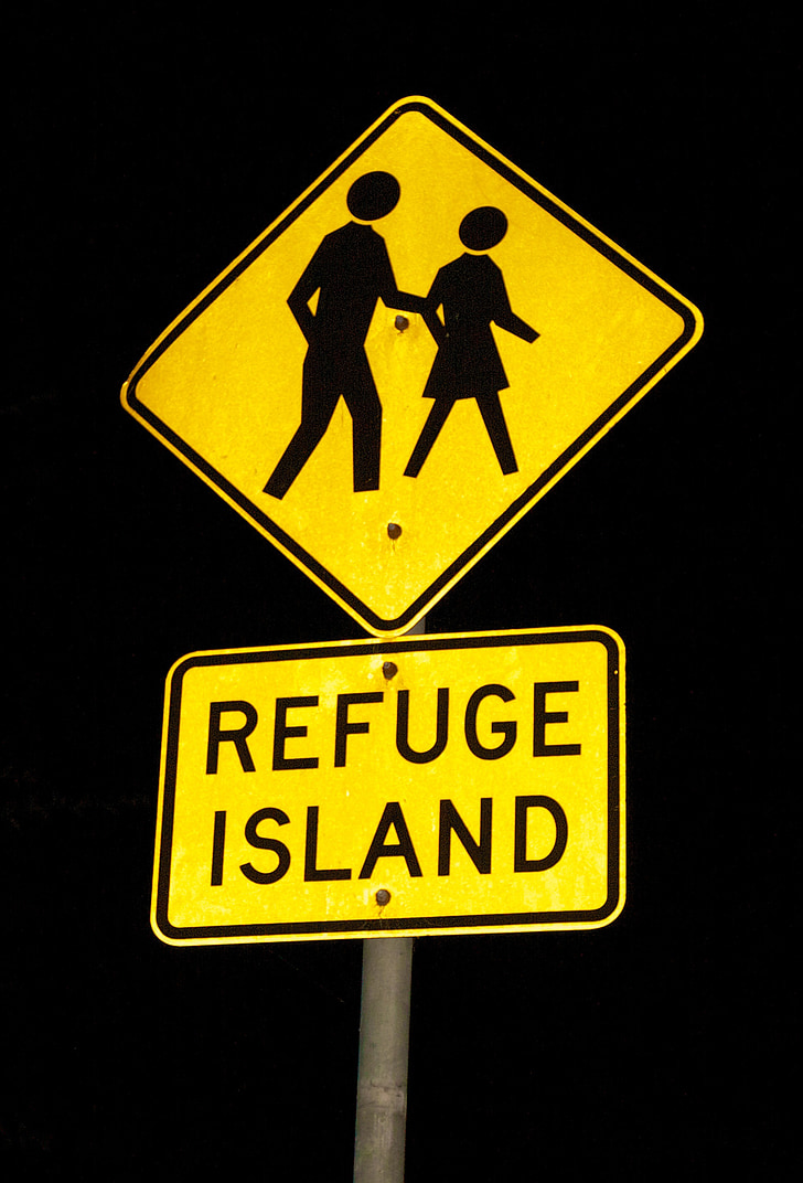 sign, yellow, persons, man, woman, refuge island, night