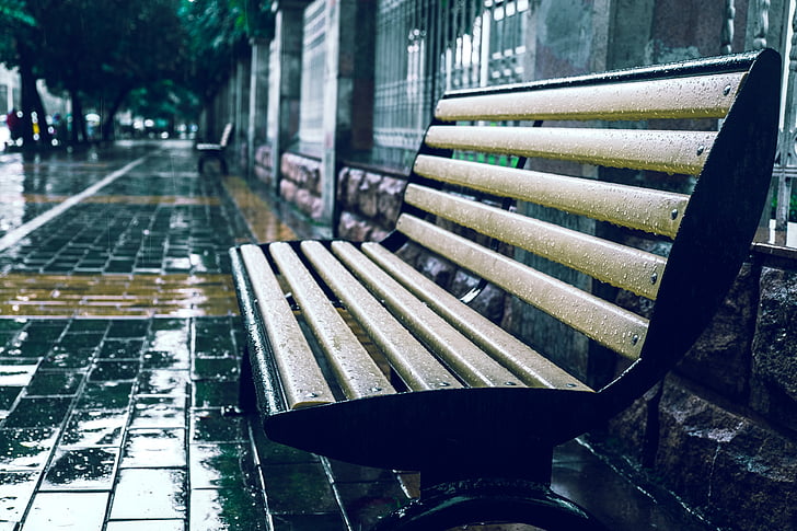 bench, empty, pavement, rain, wet, outdoors, street