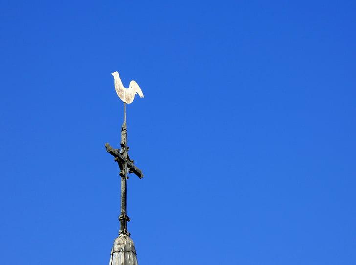 Torre h, Haan, piccolo gallo, Croce, Torretta di Chiesa, religione, cielo blu