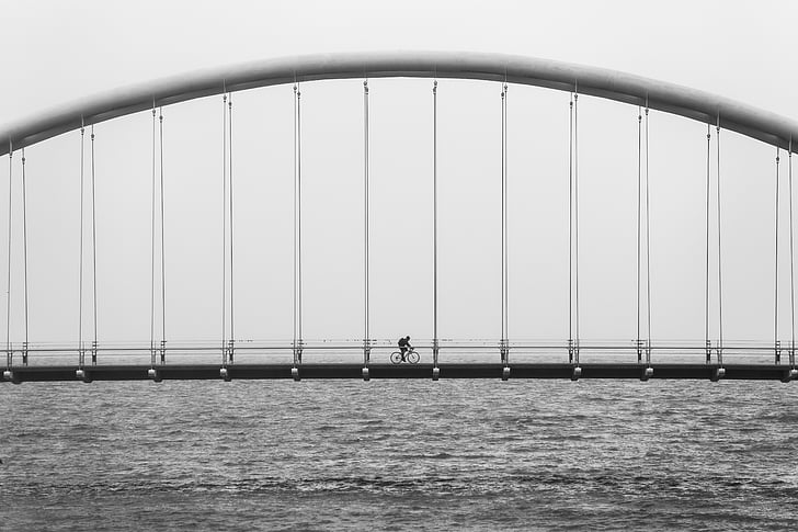 dviratis, dviratis, juoda ir balta, tiltas, jūra, kabantis tiltas, tiltas - vyras padarė struktūra