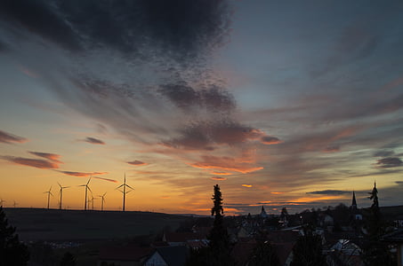 silhouette, wind, turbines, trees, dusk, windmill, structure