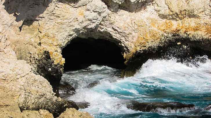 sea cave, waves, rocky coast, grotto, nature, cyprus, ayia napa