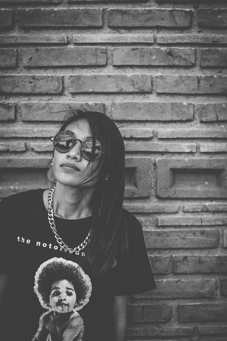 people, girl, woman, necklace, sunglasses, wall, black And White