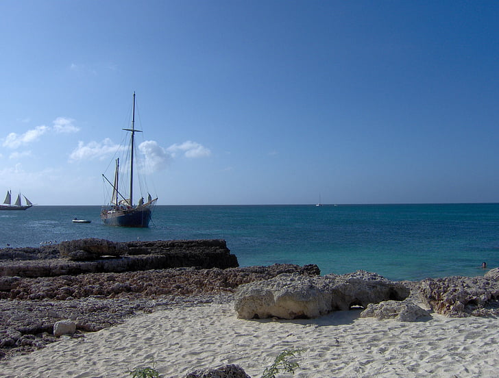 barco, areia, praia, pedras, ensolarado, Costa, Ilha