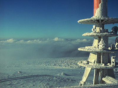 winter, boulder, transmission tower, technology, snow, ice, mountain