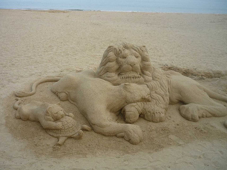 sand, sand sculpture, ephemeral, lion, animals