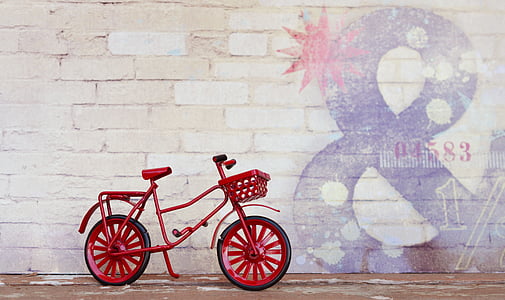 自転車, 赤, サイクル, 壁, 都市, 自転車, ヴィンテージ