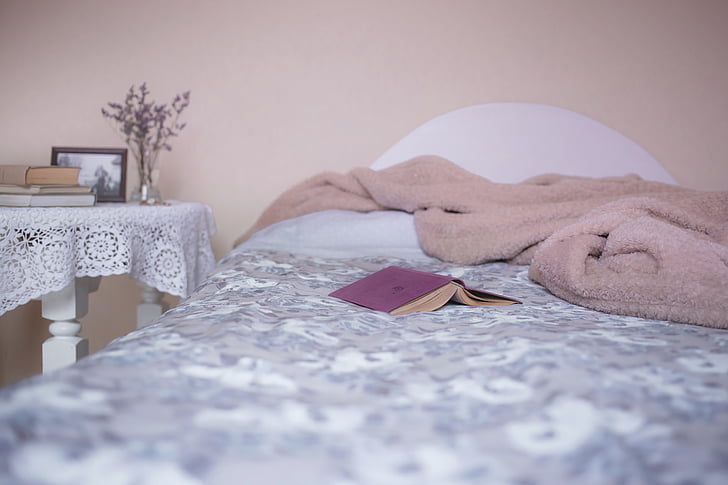 letto, camera da letto, coperta, libri, copertura, accogliente, cuscino