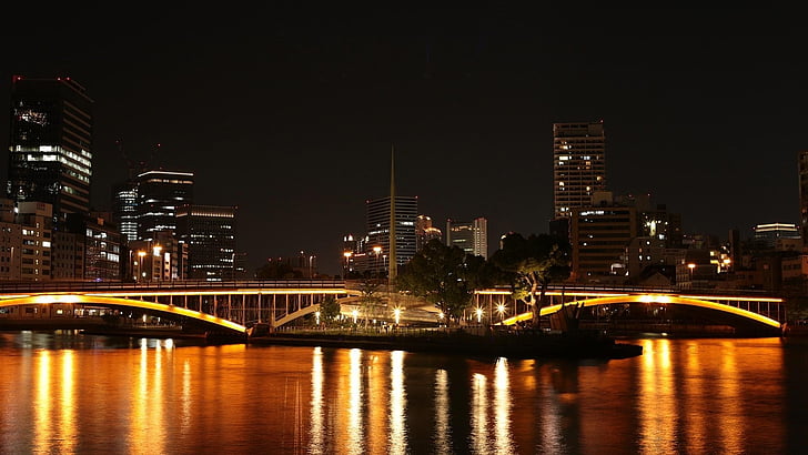 Japão, Osaka, natural, paisagem, visão noturna, iluminar-se, à noite