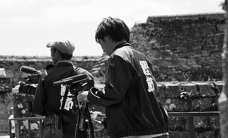 cameraman, reporters, black and white, shooting, men, characters