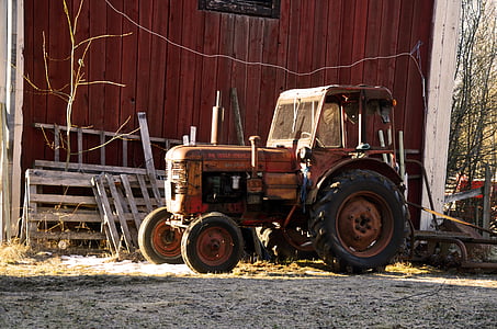 tractor, Skellefteå, granero, sol de la mañana, rojo