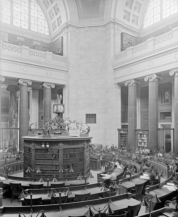 bibliotheek, lage memorial library, Columbia-Universiteit, New york city, Arcades, zwart-wit, 1900