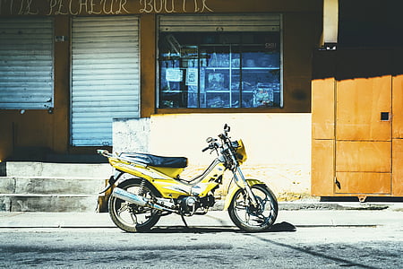 motor, biciclete, drumul, însorit, galben, vehicul, biciclete
