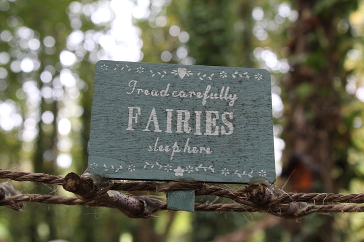 sign, fairies, words, rustik, tread carefully fairies sleep here, wooden sign