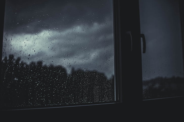 lietus, vandens, langas, tamsus, naktį, kambarys, namas