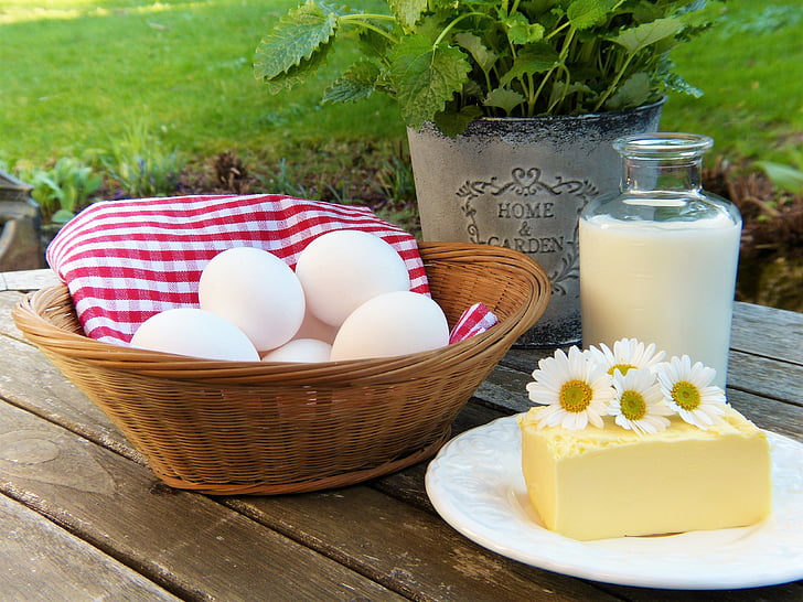egg, milk, butter, out, garden, herbs, frisch