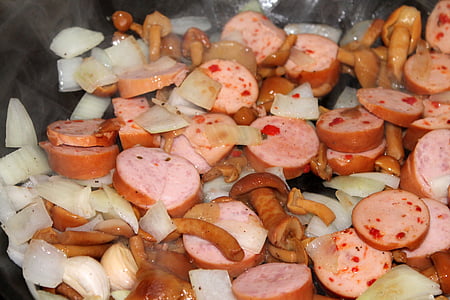 comer, linguiça de porco, cogumelos, stockschwaemchen, cebolas, comida, cozinhar