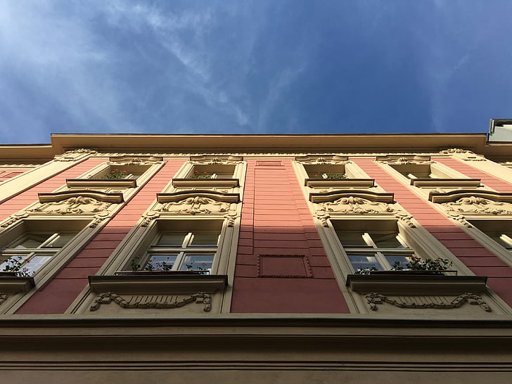 azul, edificio, antiguo, cielo