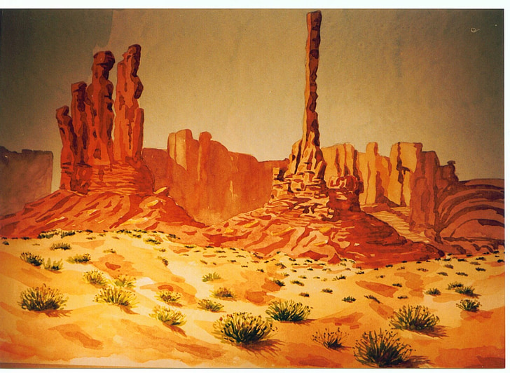 Grgo spomenik, pustinja, Sjedinjene Američke Države, krajolik, akvarel, umjetnost, boja