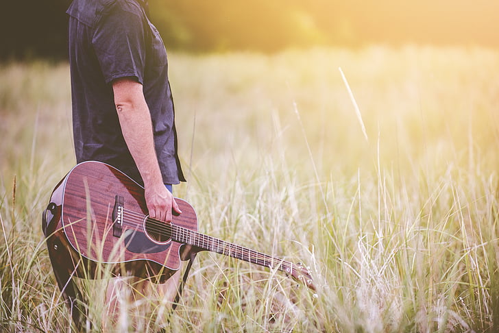 human, black, shirt, holding, brown, guitar, grass