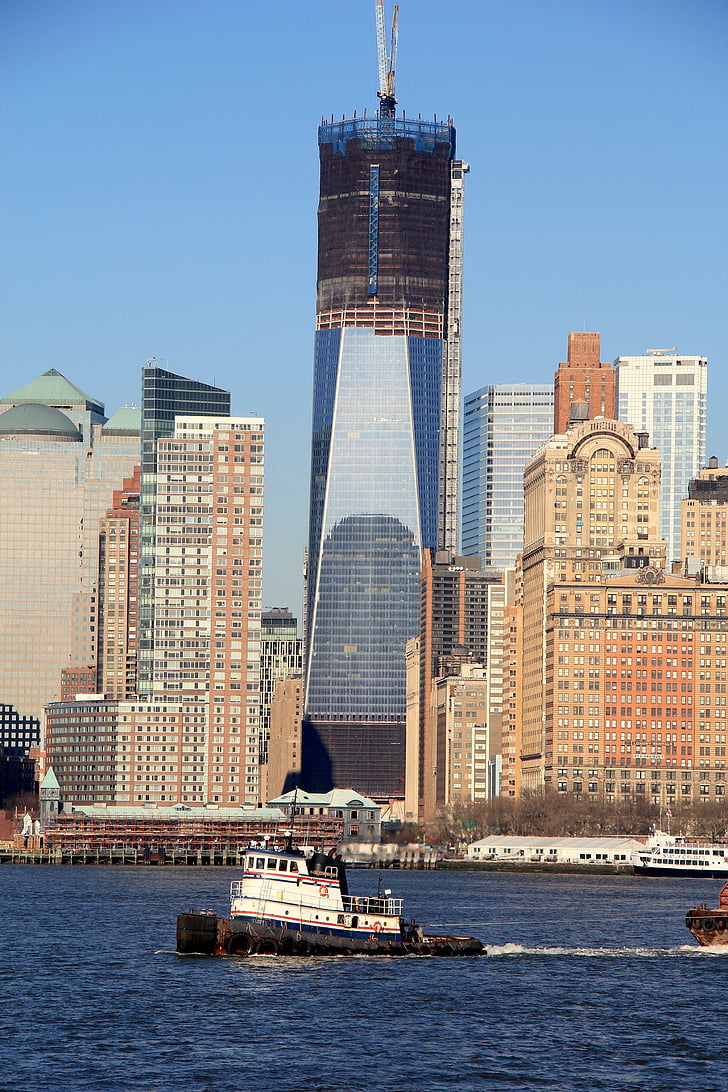 New york, sleepboot, wolkenkrabber, stad, wolkenkrabbers, gevel, kantoorgebouw