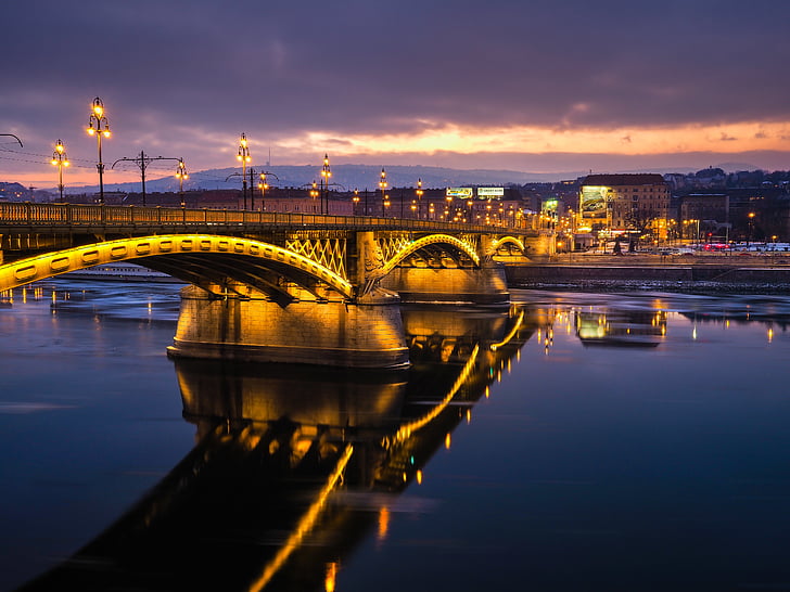 bridge, lights, sunset, bridge - man made structure, reflection, night, illuminated