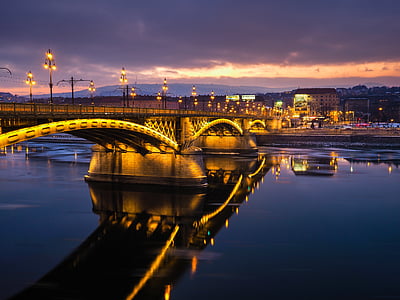 bridge, lights, sunset, bridge - man made structure, reflection, night, illuminated