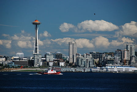 Seattle, skyline, wolkenkrabber, ruimte naald, stadsgezicht, hemel, Panorama