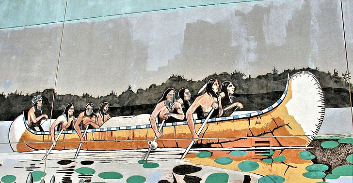 wall mural, native indian canoe, boat, building art