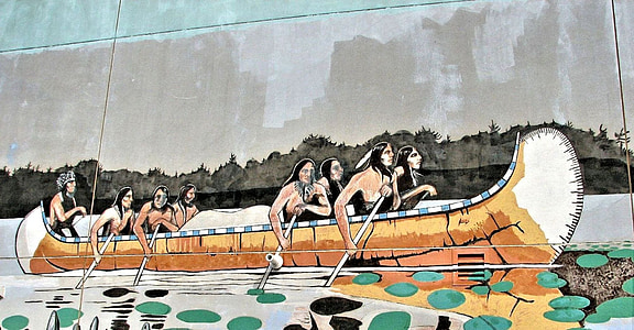 muur muurschildering, inheemse Indiaanse kano, boot, gebouw kunst