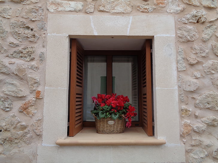 langas, gėlės, krepšys, linksmas langas, kaimiško stiliaus, gėlė, pastatyta struktūra