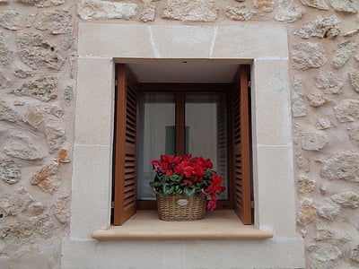 okno, kvety, Kôš, veselá okno, rustikálne, kvet, postavený štruktúra
