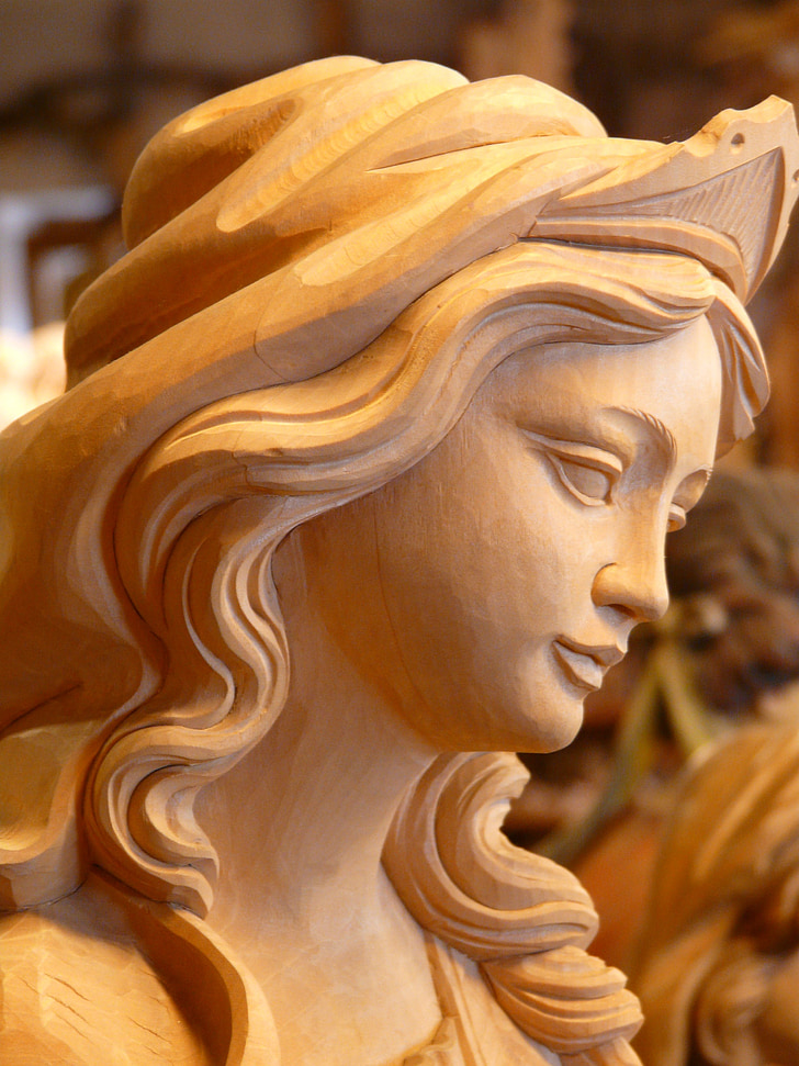 madonna, wood, carved, figure, girl, woman, face