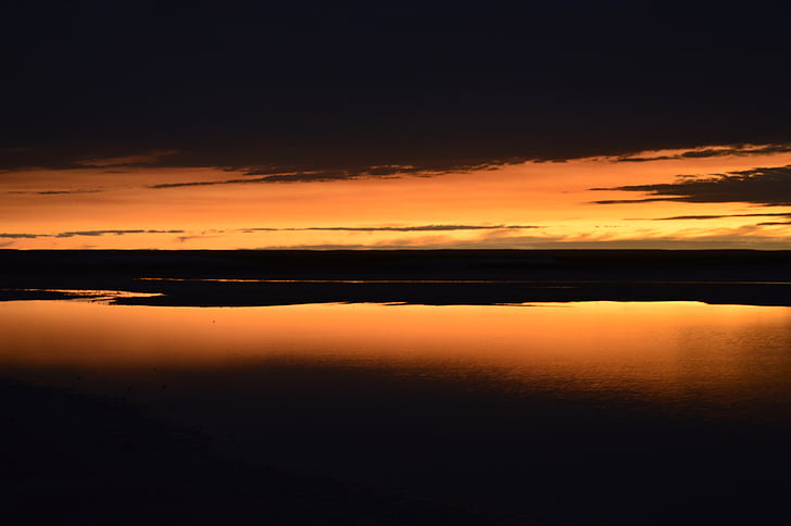 puesta de sol, Salinas, cielo, naranja, sol, naturaleza, reflexión