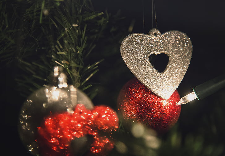 červená, Ornament, sivá, srdce, obrázok, Vianoce, ozdoby