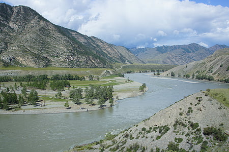 mountain altai, view, river bank, water