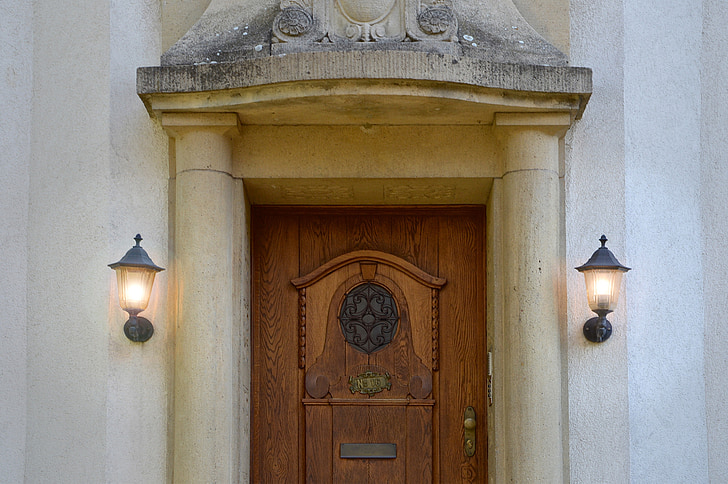 Villa, Eingang, Portal, säulenförmigen, Laternen, nach Hause, Gebäude