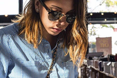 people, woman, shades, sunglasses, checkered, hair, brunette