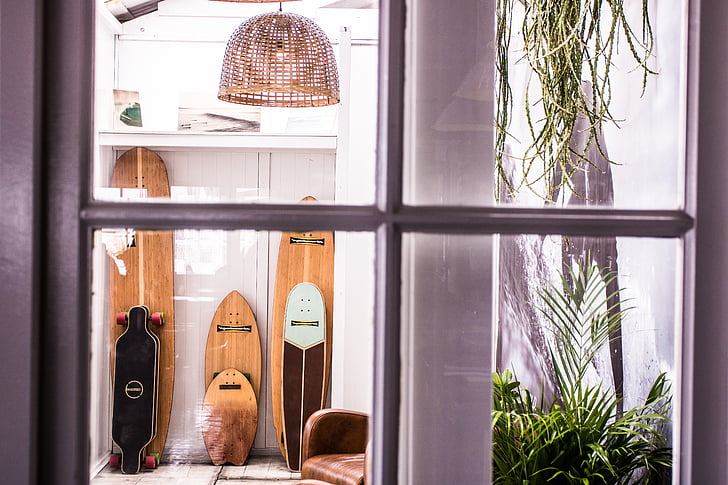 værelse, Samlinger, Sport, display, skateboard, træ, surfing