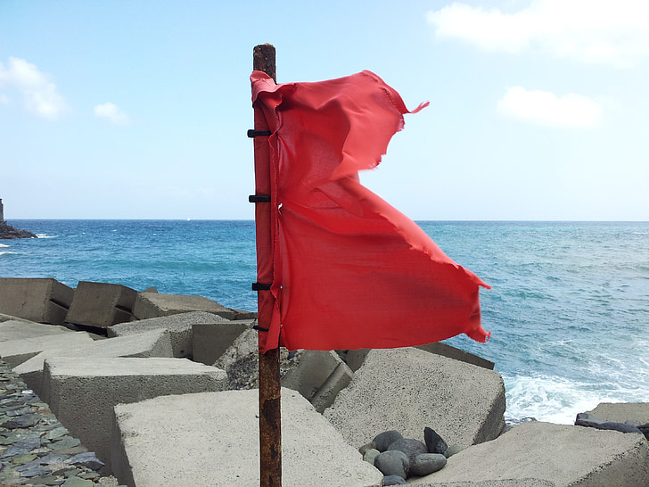 red flag, sea, wind, flag, canary islands
