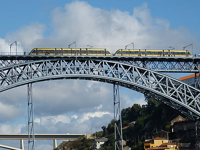 bridge, metal, arch, train, railway, railcar, cross