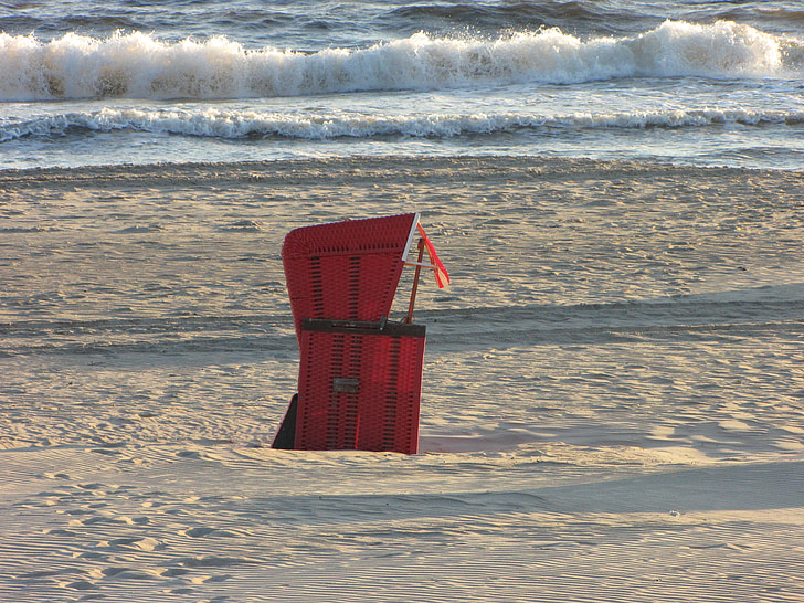 beach chair, red, baltic sea, wave, lonely, alone, sea