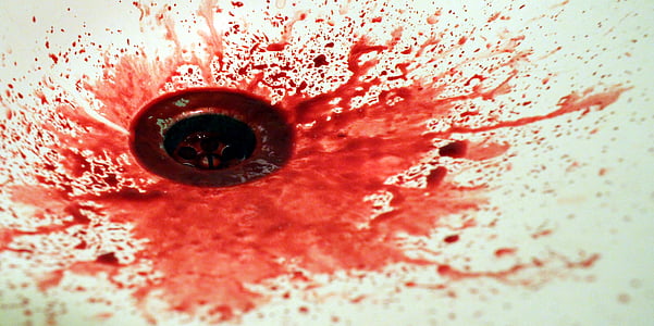 krvi, striekať, škvrnu, červená, umývadlo, drez, rany