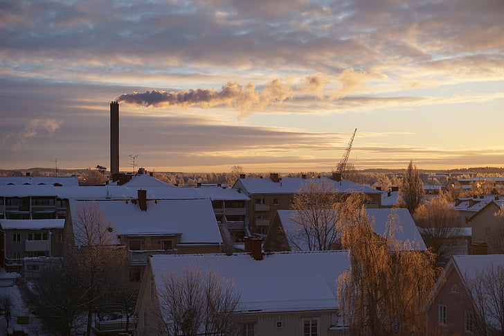 winter, city, snow, house, roof, sunrise, sweden