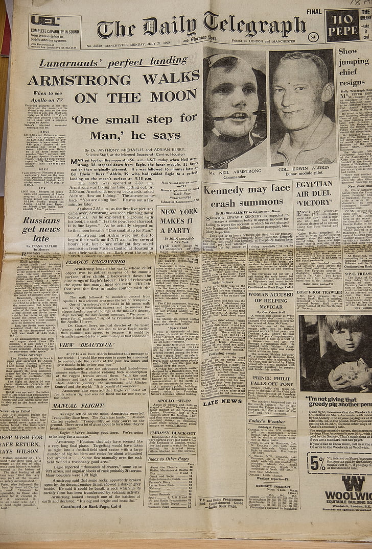 Giornale, storico, prima, Luna, atterraggio, Armstrong, Aldrin