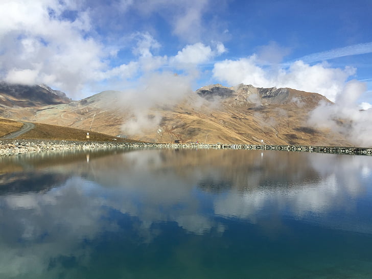 jezero, Bergsee, Příroda, alpské, zrcadlení, mraky, obloha