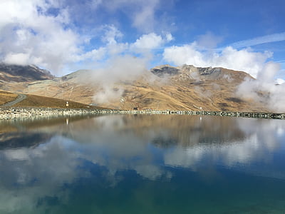 tó, bergsee, természet, alpesi, tükrözés, felhők, Sky